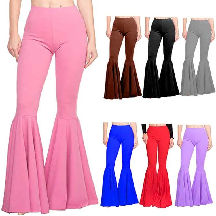 

Latest Fashion Solid Colors Ruffles High Waist Wide Leg Flare Yoga Pants Bell Bottoms Pants Women XS-2XL