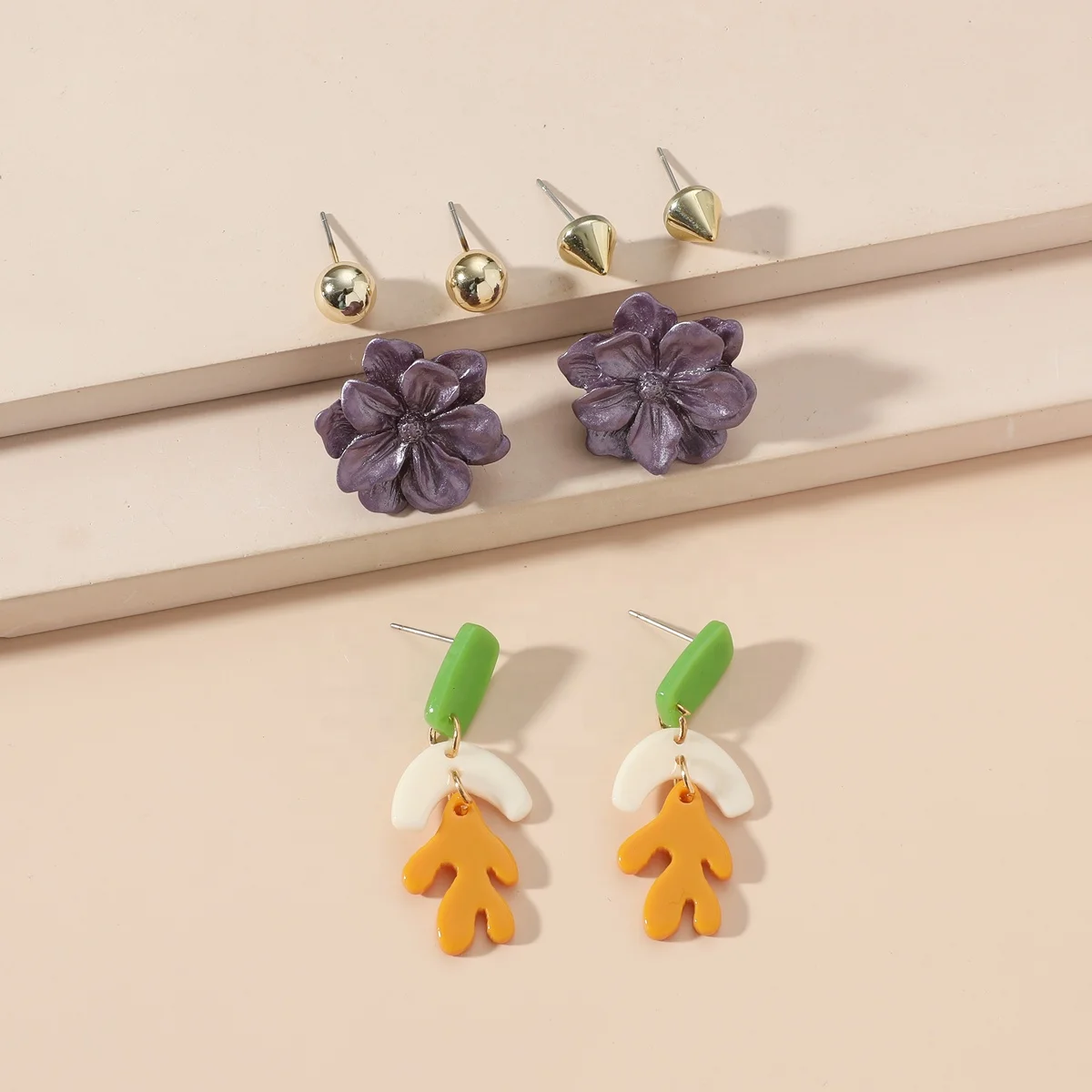 

juhu 2021 fashion acrylic new flower cute earrings vintage alloy earring set for women jewelry wholesale, Gold
