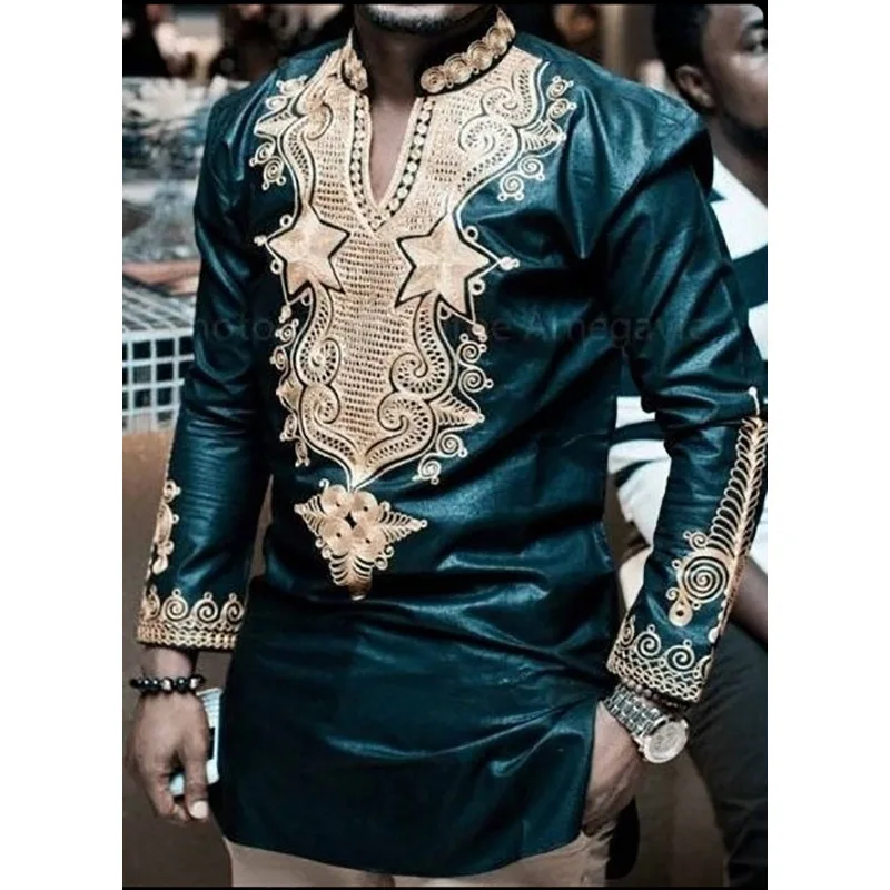 

2020 Dashiki Print Stand up Collar Long Sleeve Fashion And African T-shirt For Men, Shown