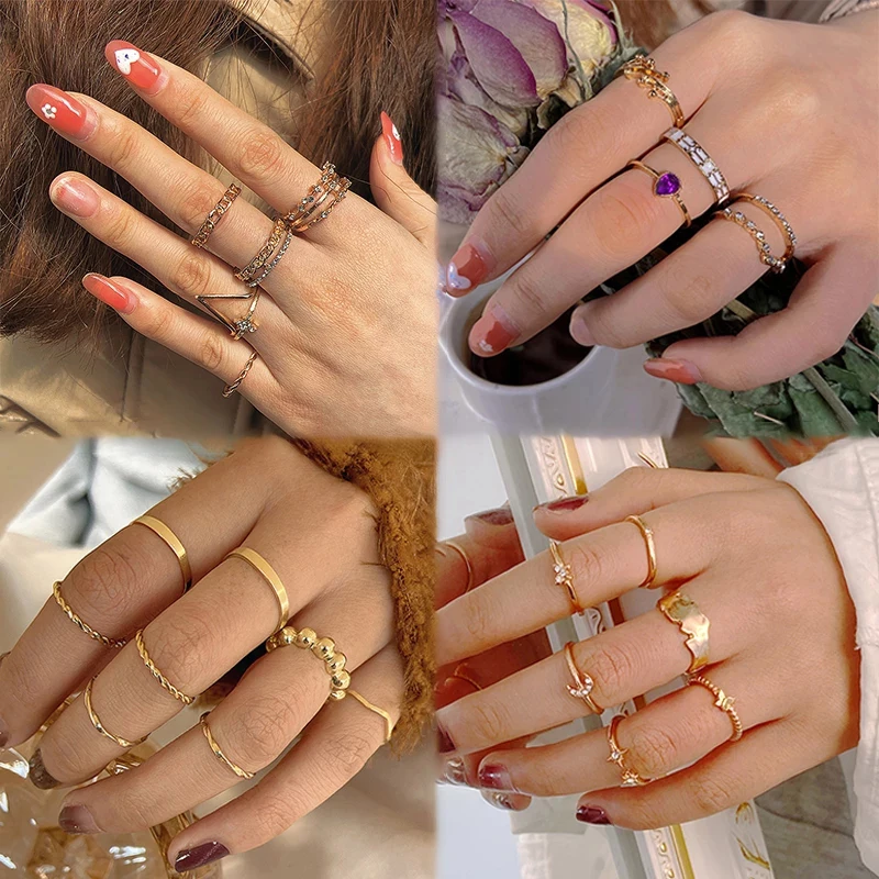

Finetoo Trendy Gold Knuckle Chain Rings BOHO Multilayered Crystal Ring Moon Star Finger Rings Set for Women Jewelry