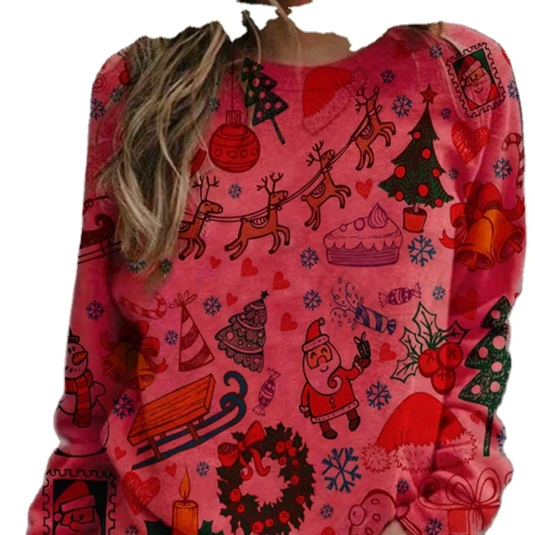 

European and American loose round neck long sleeve Christmas blouse Tie-dye plus size women's clothing Printed Christmas women's