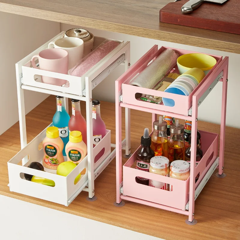 

Space Saving 2 Tier Metal Drawer Type Home Use Kitchen Cabinet Shelves Under Sink Expandable Organizer Rack Storage Holder, Customized color