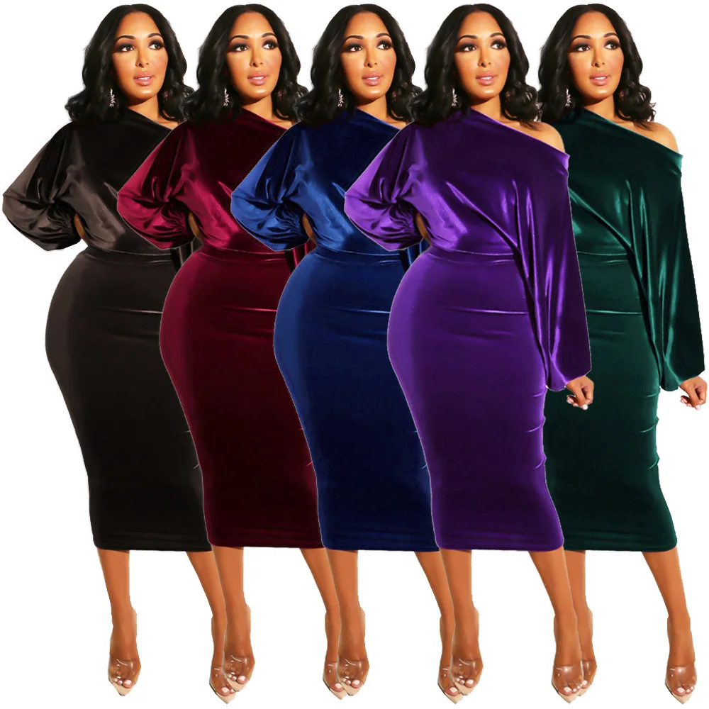 

Womens One Off Shoulder Midi Dress One-shoulder Puff Sleeve Suede Dress Long Sleeve Velvet Sexy Party Pencil Dress