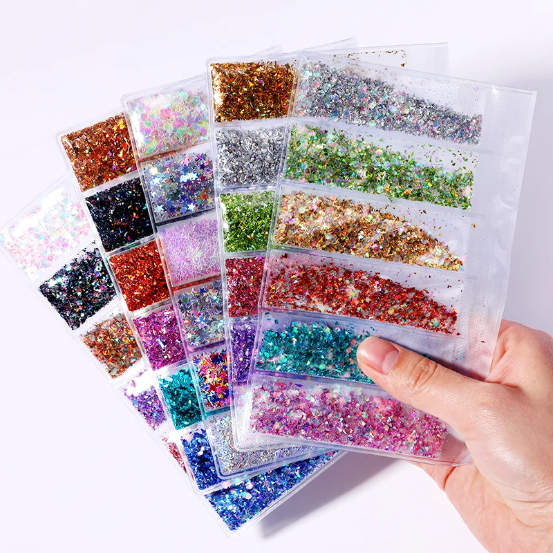 

6 grid/bag Mixed Glitter Powder Sequins Colorful Nail Sticker 3D DIY Nail Sliders Dust For Nail Art, Picture shown