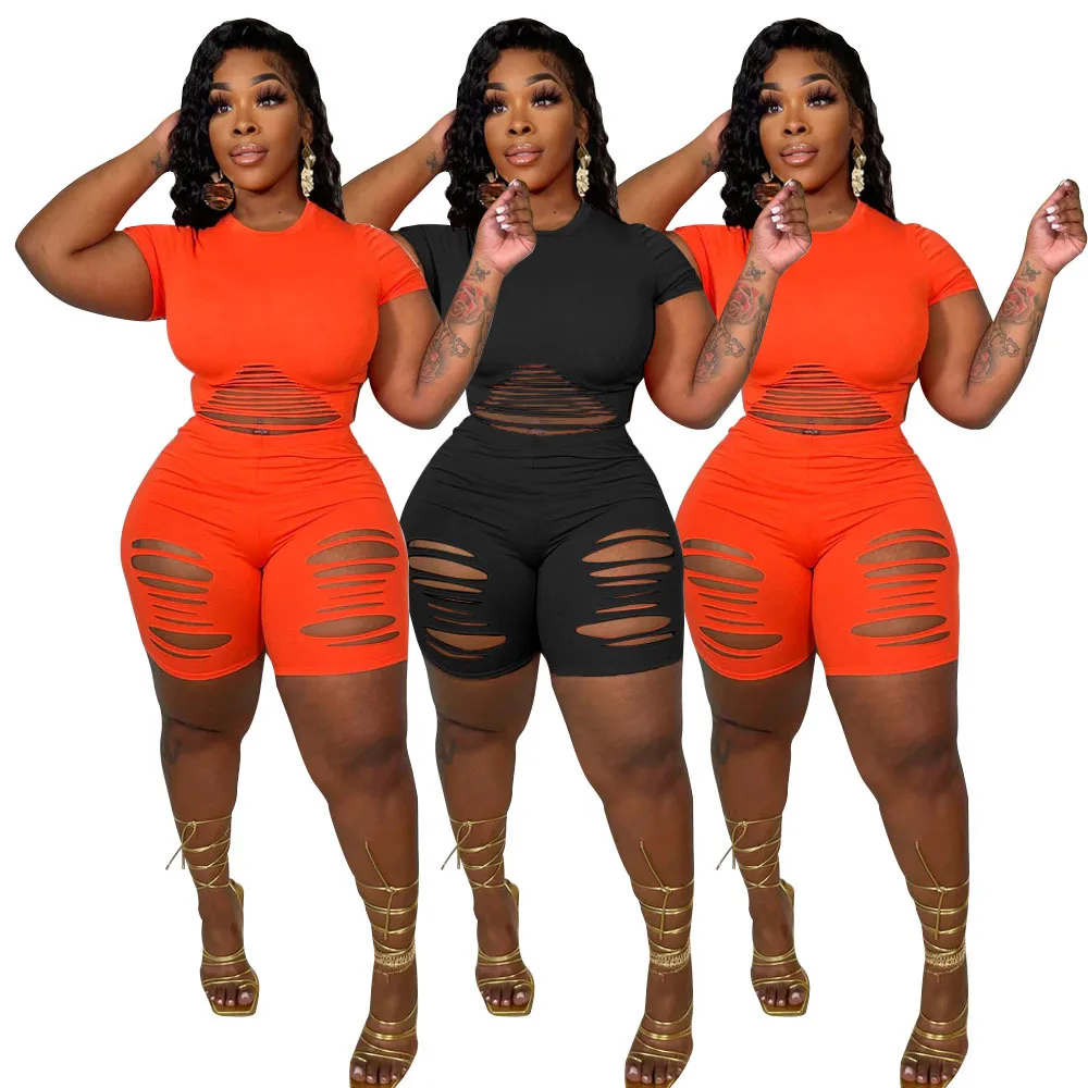 

2022 Plus size Solid color Fashion Short Sleeve crop top 2 piece women set