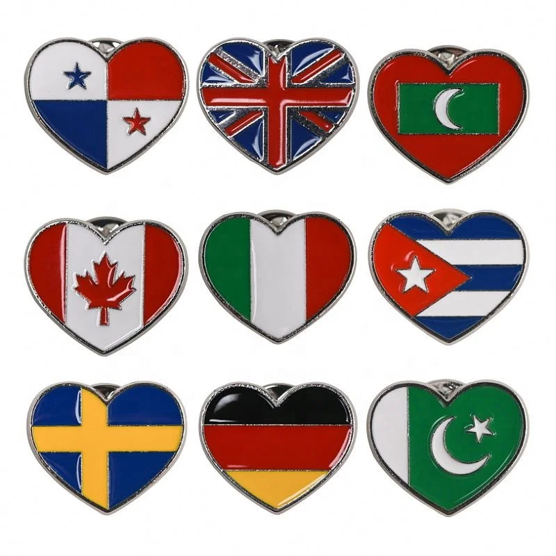 

hot selling heart shape Country Flag Soft Hard Enamel Plated Brooch Badge Magnetic Custom Lapel Pins For Souvenir