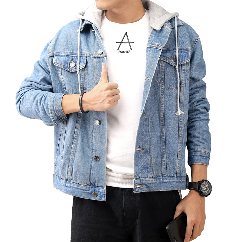 

Custom men's jaket high quality plus size jeans jackets men factory wholesale cotton hooded denim jacket mens