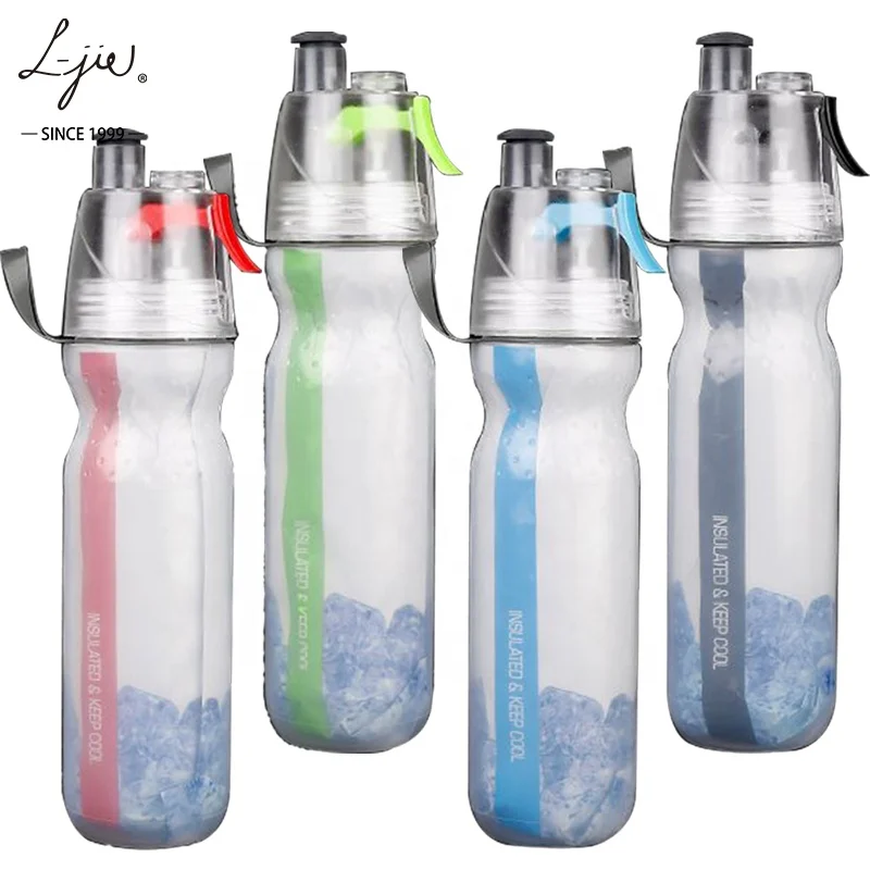 

Creative trend spray cycling sports kettle PE double layer plastic water cup cooling function water bottle, 4 kinds color