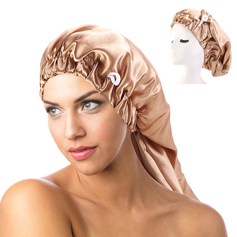 

New Long Satin Bonnet Sleep Cap with button High Elastic Hair Band Night Cap Hair Care Bonnet Nightcap for Women Men Chemo Cap