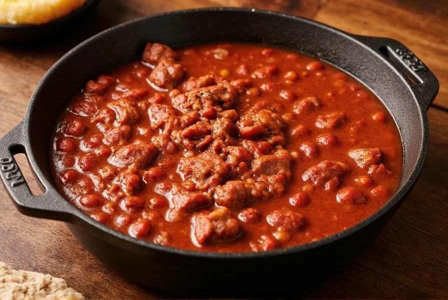 Authentic Texas-style chili in cast iron pot showing rich red color and meat chunks without beans