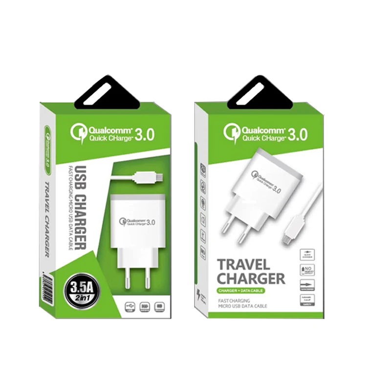 

High quality USB charger 1USB port quick charging US EU plug charger with USB cable, White