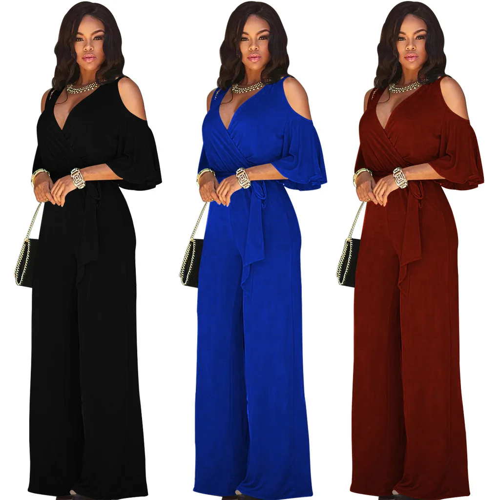 

Summer sexy bodycon jumpsuit long pants cold shoulder short sleeve rompers womens jumpsuits plus size clothes