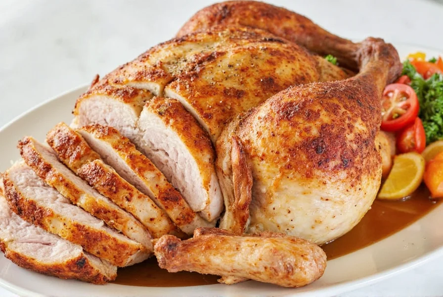 Golden roasted turkey ready to be carved with side dishes nearby