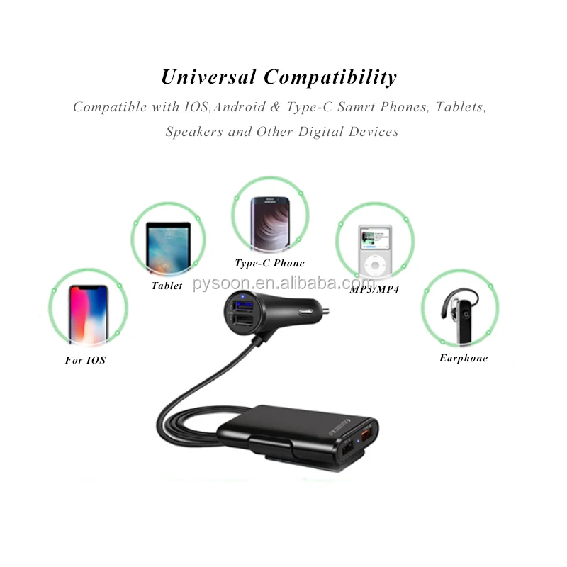 Shenzhen Factory Fast Charging 4 Ports USB QC 3.0 Car Charger with 1.8m Extension Cable