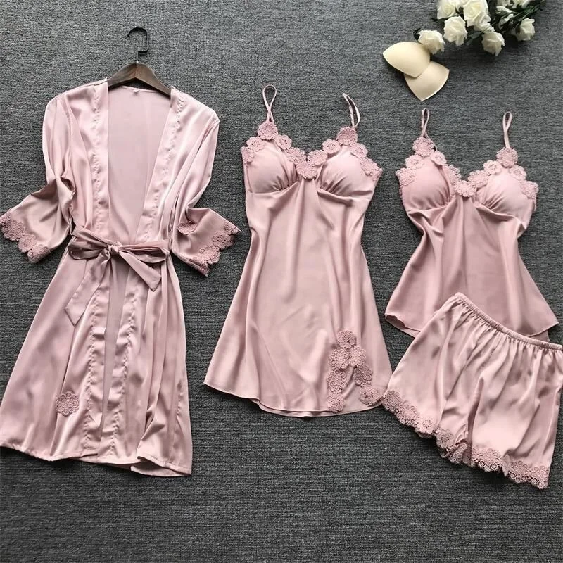 

Fashion women's four-piece pajamas silk pajamas comfortable nightgown set ladies elegant casual wear satin pajamas, Picture show