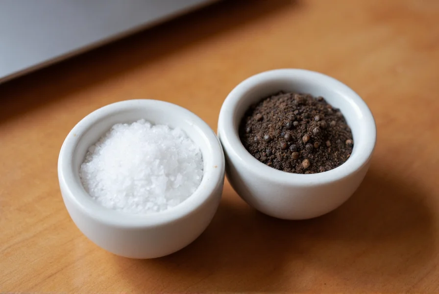 Close-up of artisanal salt and freshly ground black pepper in matching ceramic grinders on wooden table