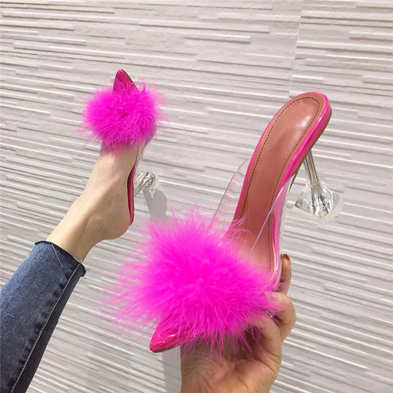 

Fur Pumps Slippers Women Peep toe Mules Lady Pumps Slides 2021 New Shoes Woman Feather Transparent High Pumps, Picture