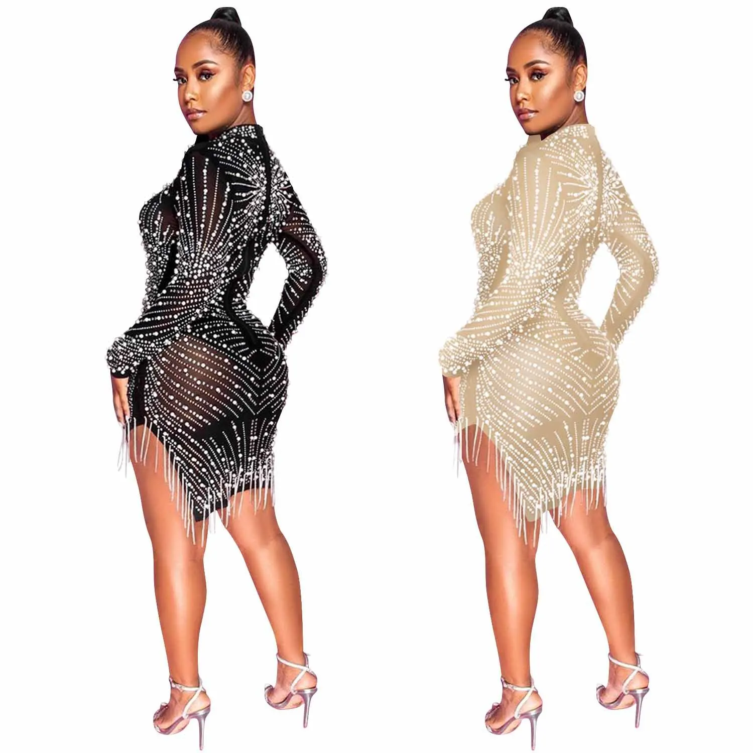 

Women Long Sleeve Shirt Dress Dresses Sexy hot Diamond Sexy Transparent Dress Birthday Party Club Night Dress