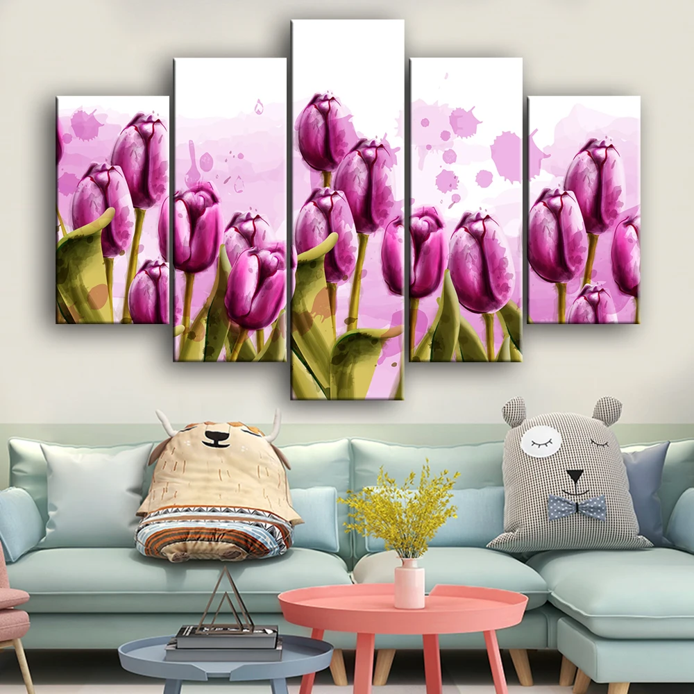 

5 Panels Purple Flower Wall Art Living Room Decorative Paintings Tulip Canvas Paintings Watercolor Wall Art Printed Canvas