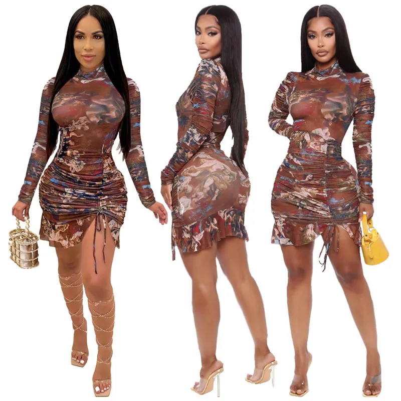 

Fashion Ladies Retro Evening Dresses Drawstring Sexy Long Sleeve Fall 2021 Women Clothes, Brown