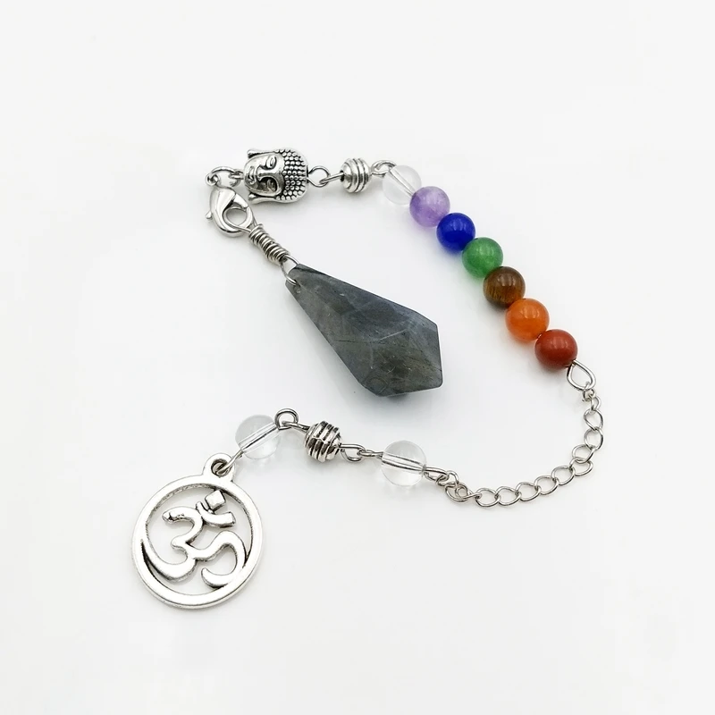 

Wholesale Natural Gemstone Seven 7 Chakra Charms Pointed Healing Pendulum Shape Chain Beads Pendants Yoga 3D Buddha Jewelry, Multi natural pendant
