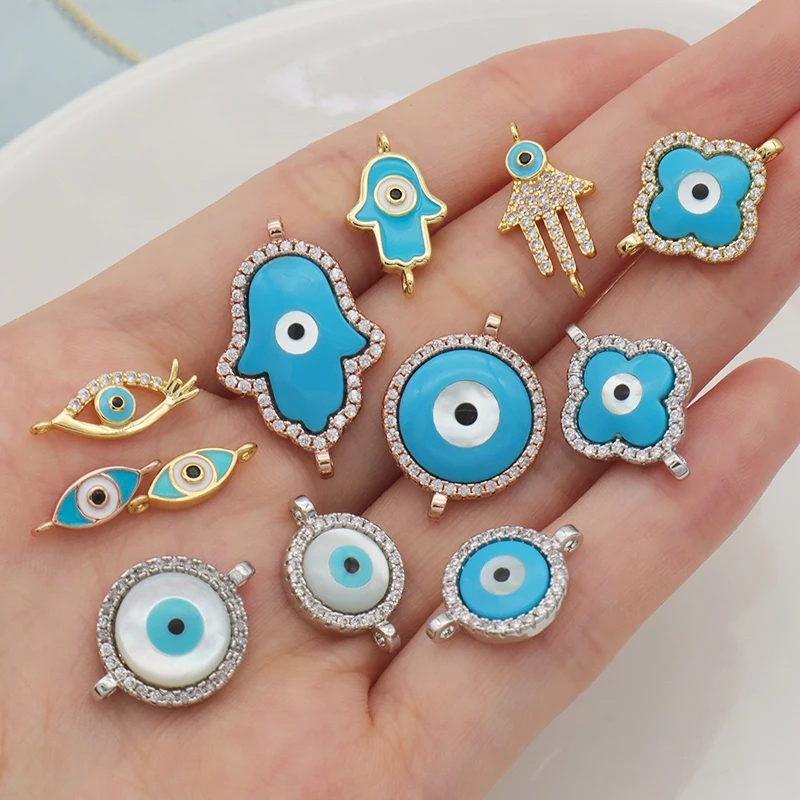 

New shop discount High quality 2021 trendy wholesale blue eyes brass hamsa pendant 18K gold plated turkish evils eye charms