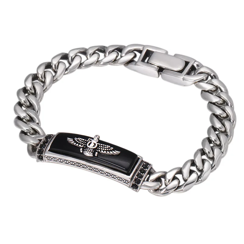 

Wholesale S925 Sterling Silver Bracelet for Men Fashion Black Agate Punk Rock Flying Eagle Vintage Bracelet Male Jewelry