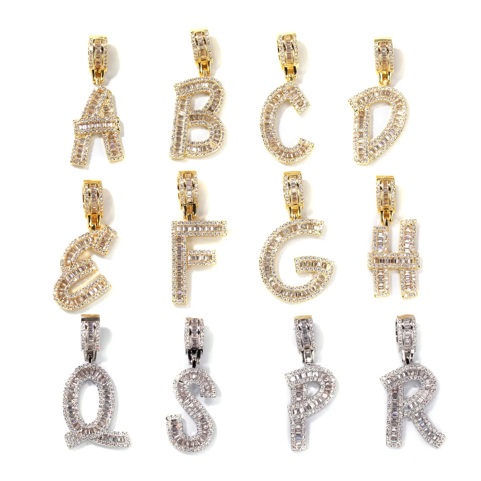 

Hot Sale Women Men Hip Hop Iced out Cz Diamond Baguette 26 Alphabet Initial Letters Charms Pendant Necklace, Gold/silver