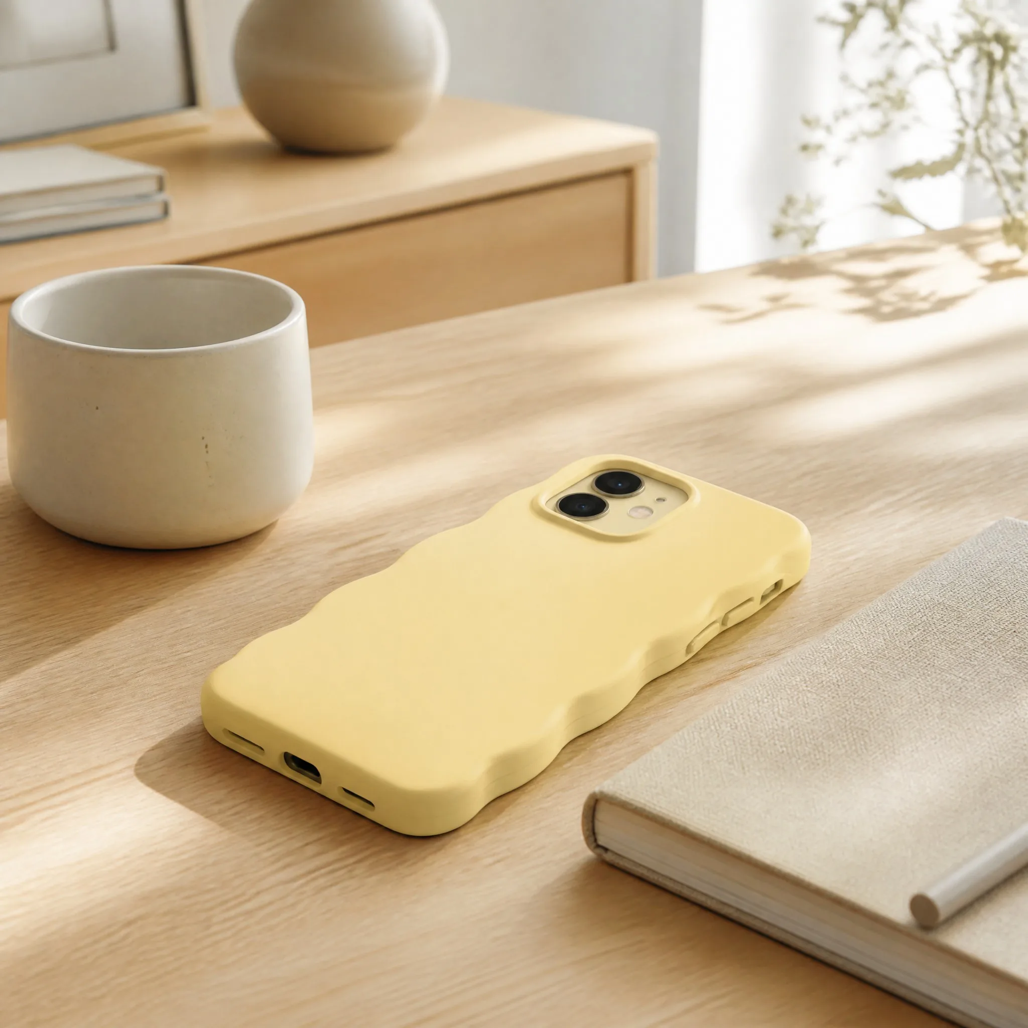 Real Lifestyle Context of Butter Yellow Wavy Scalloped Phone Case on Warm Wood Desk beside Ceramic Coffee Mug and Notebook