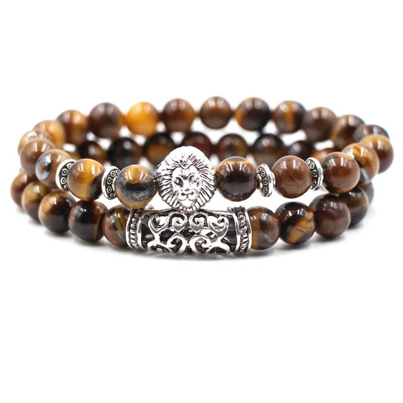 

Trendy Jewelry Natural Stone Beads Beaded Tiger Eye Leopard Charm Bracelet Buddha Head Owl Lion Charm Tiger Eye Bracelet Set