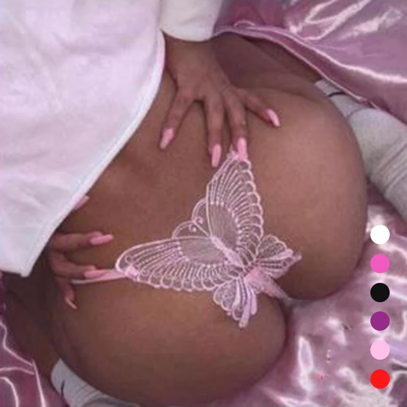 

Crotch Opening Design  Lace Trim Lingerie Sexy Women's Butterfly Pink G-string Thongs