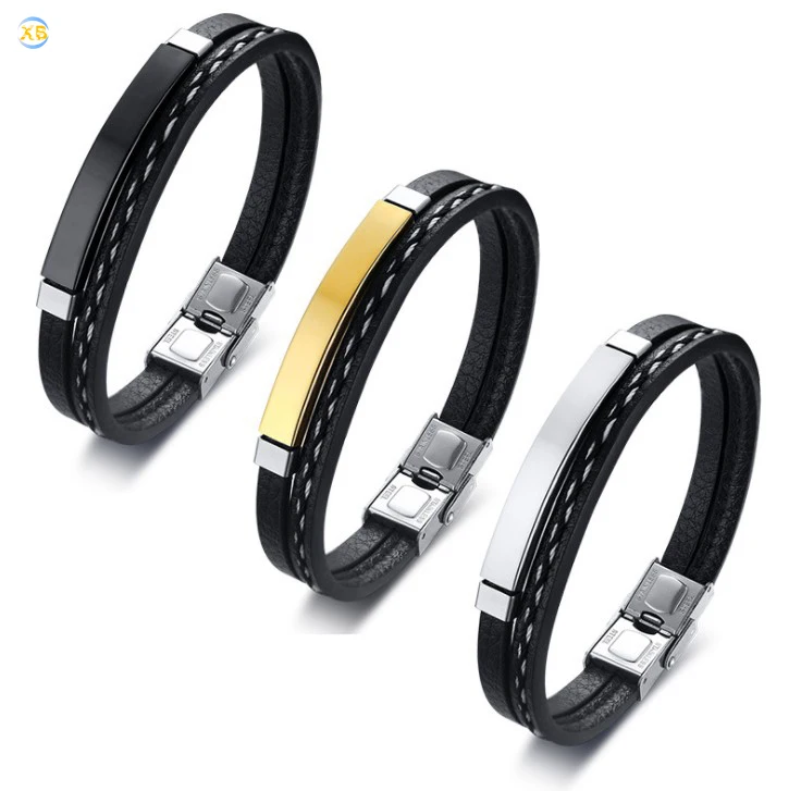 

Wholesale Black Stainless Steel Bangle Plate PU Leather Woven Men Bracelet, Black/silver/gold/rose gold