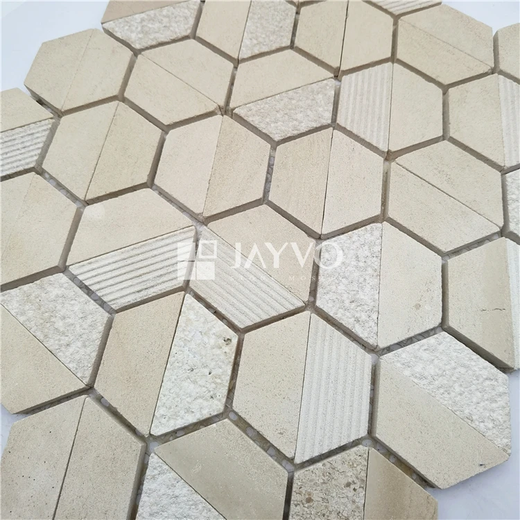 Marble Mosaic Outside Wall Decorative Hexagon Golden Beige Tile Irregular Stone Mosaic Tiles Fossil Wood Stone