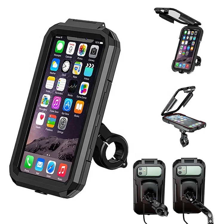 

360 Adjustable Rotation Waterproof Motorcycle Cell Phone Holder with Wireless Charger Charging USB Bracket, Black