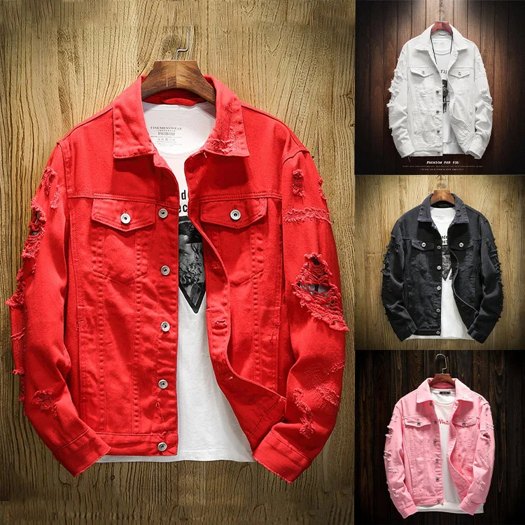 

4 Colors Fashion Men Ripped Denim Jean Jacket Male Loose Style Cotton Washed Streetwear Cowboy Coat Jacket, As shown