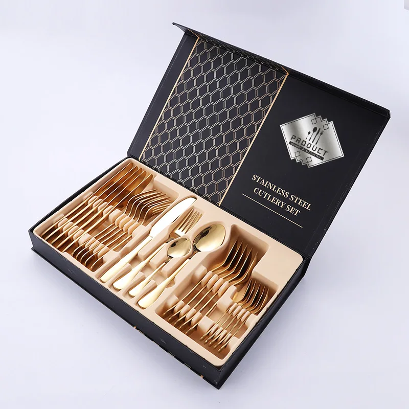 

Best-Selling 24-Piece Stainless Steel Gold Cutlery Set With Gift Box Stainless Flatware Tableware Cutlery Set