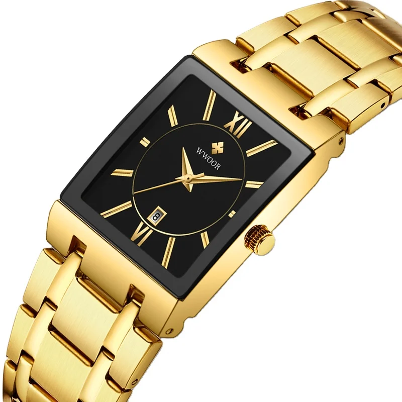 
WWOOR 8858 Men Gold Watch Quartz Stainless Steel Waterproof Wristwatches Business Men Square Sport Watch High Quality 