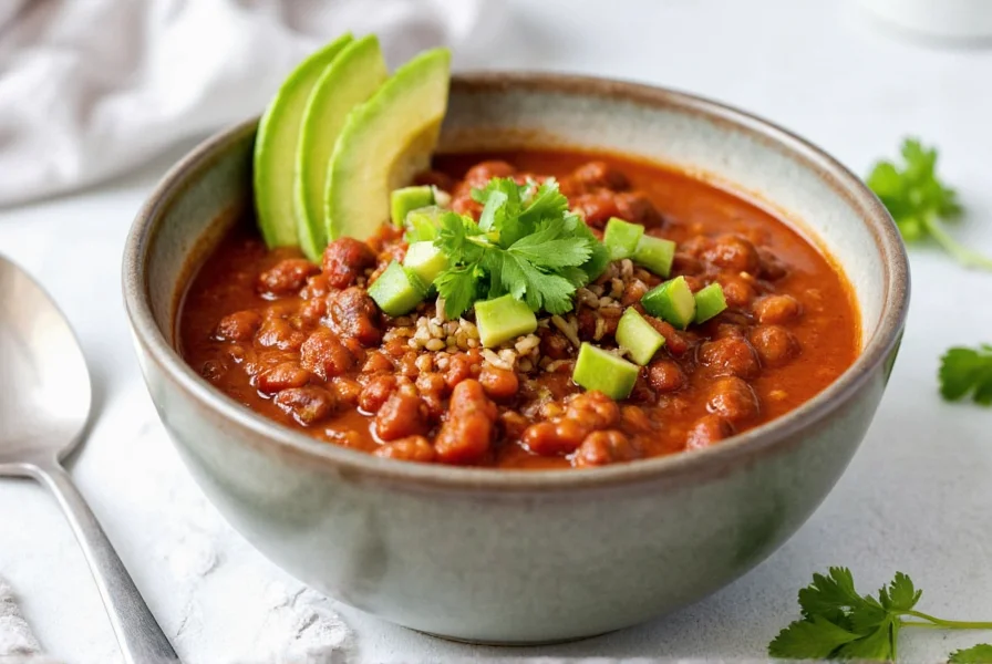 Whole30 chili served in bowl with fresh garnishes including avocado and cilantro