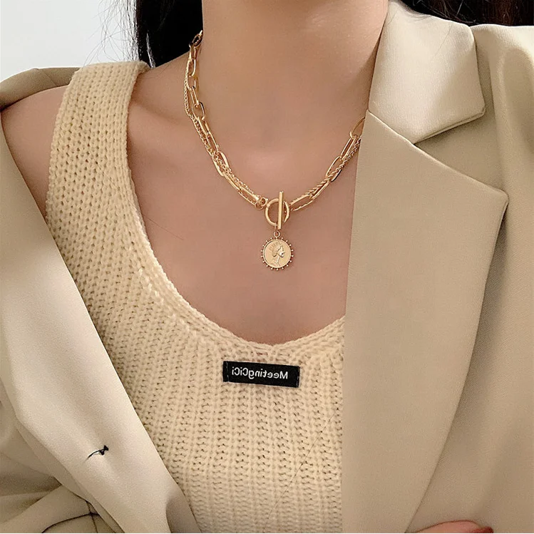 

2021 Hot Sales Gold Jewelry Necklace For Women Geometric Sun Coin Multi-layered Choker Necklaces Jewelry Party gift