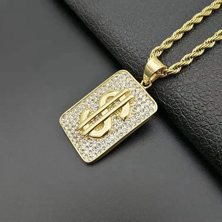 

hiphop blink crystal square pendant jewelry stainless steel cz cubic zircon dollar pendant necklace