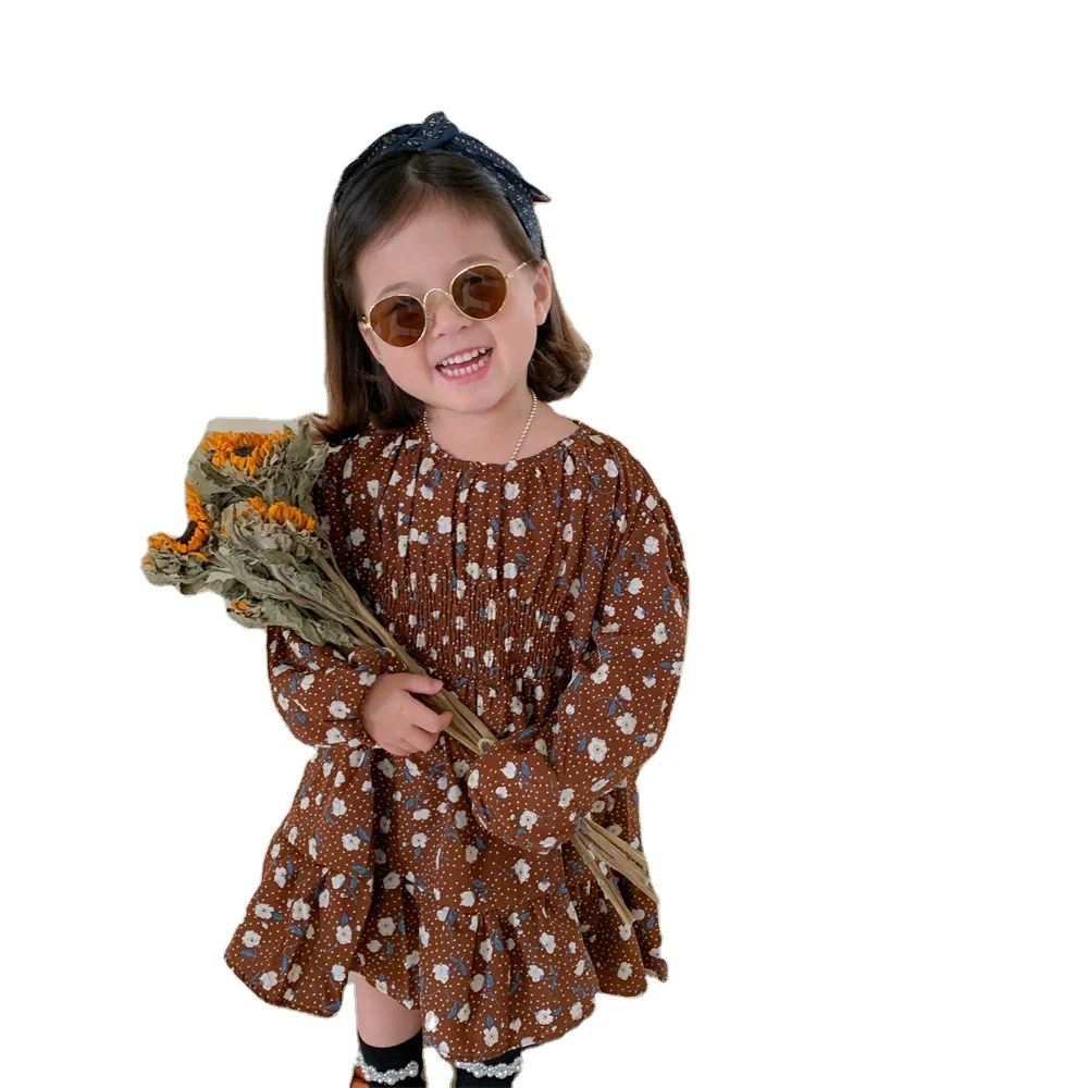 

Floral kids warm dresses baby girls' fleece skirts children long sleeves dress, As picture