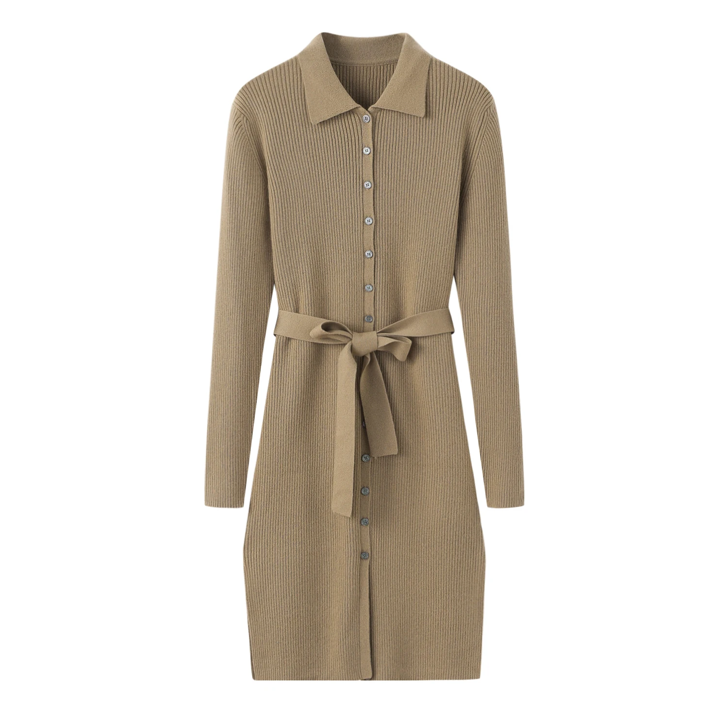 

New Arrival V-neck Women Clothing Belted Button slim fit Knitted Dress