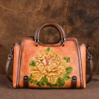

2020 newest design embossed flower brush color cow leather women hand bags ladies handbags purses