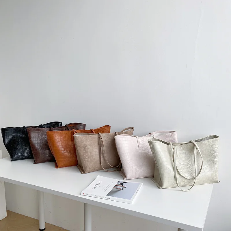 

New Korean handbag women 2021 fashion large capacity tote bag PU alligator shoulder hand bag set wholesale