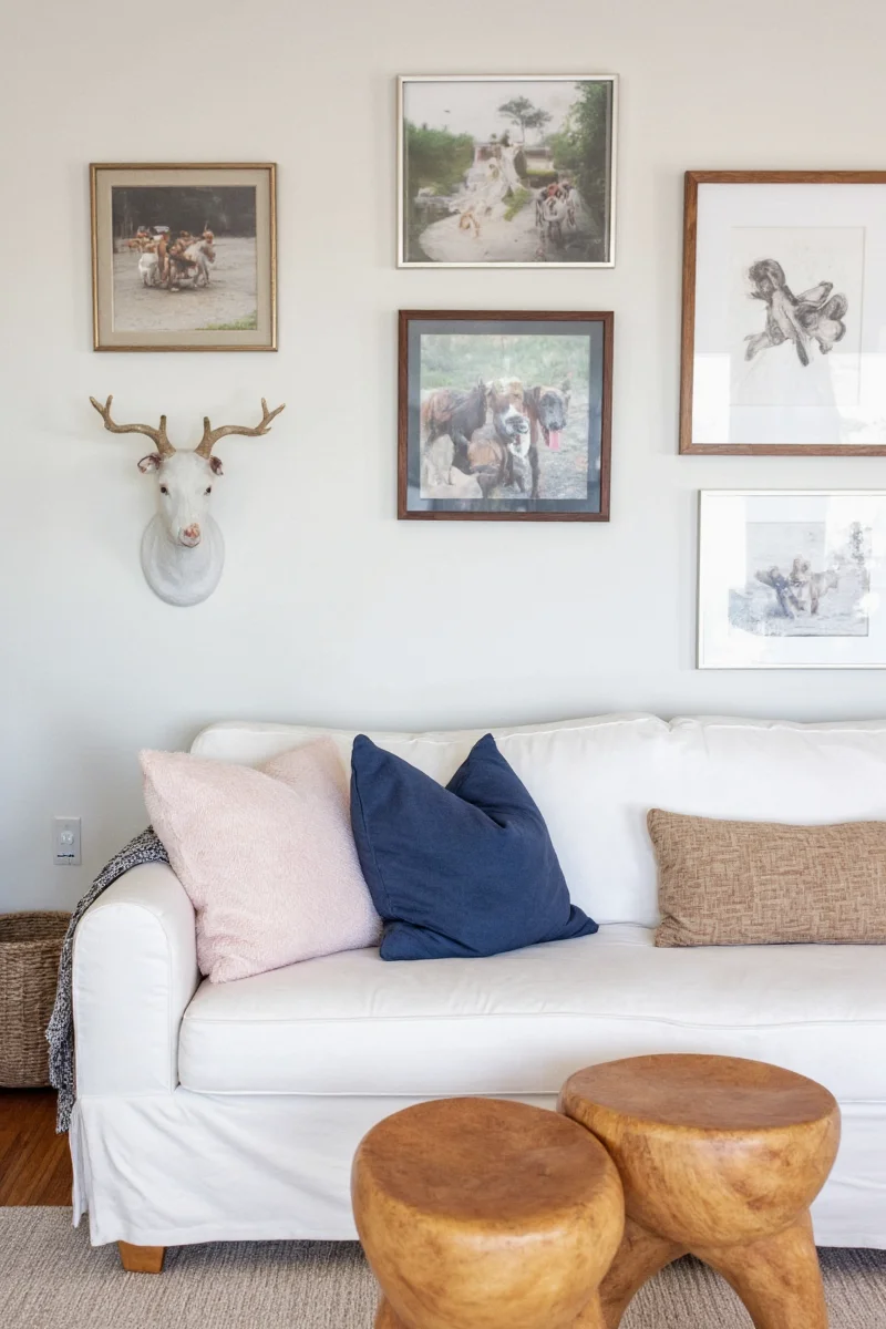 A rustic shelf with pet figurines, vintage pet signs, and framed animal prints.