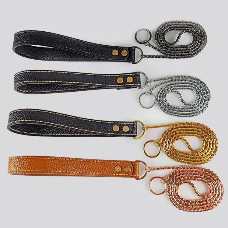 

custom 4 colors copper choke dog leash chain with leather handle for dog training traffic leading, 4 colours