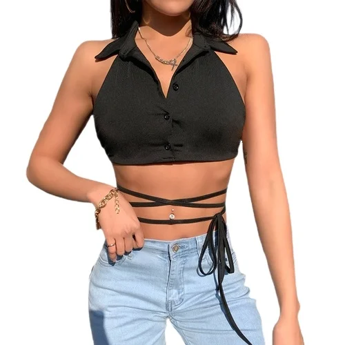 

Woman turn-down collar v neck sleeveless lace up women's tank tops lace with buttons backless halter neck trendy crop top, Black
