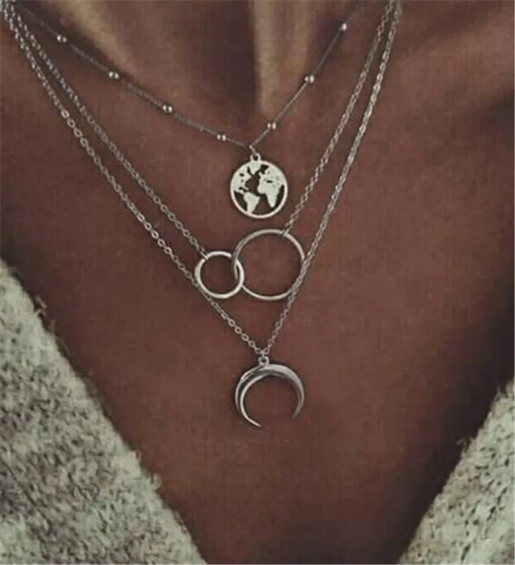 

European and American cross-border e-commerce fashion multi-layer moon map necklace female personality bohemian Necklaces, Picture shows
