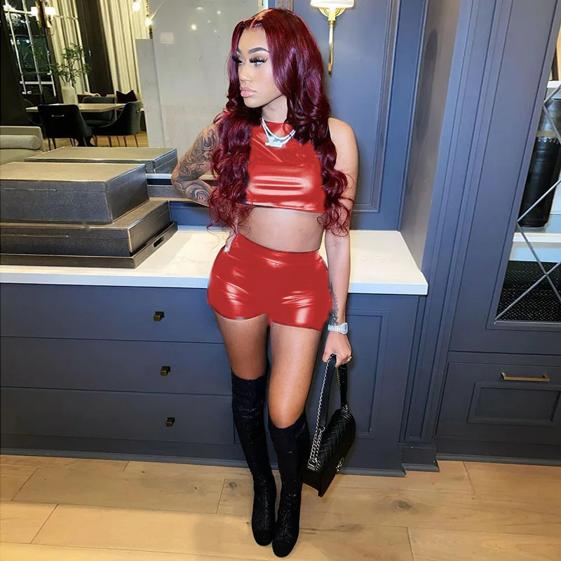 

K21ST133 INS fashion summer 2 piece PU leather short set women two piece set jumpsuit pants rompers