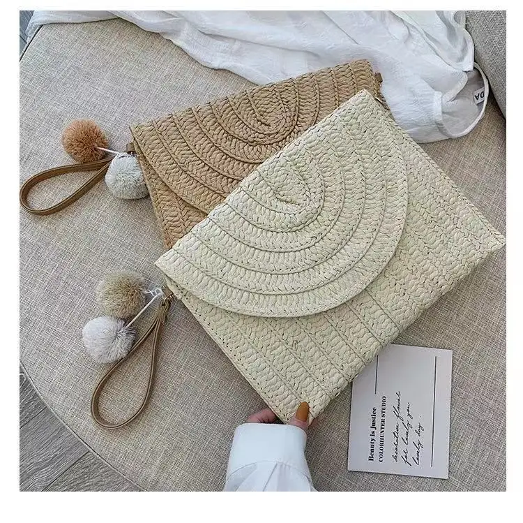 

Summer New Style Straw Woven Bag Fashion Designer Straw Bags 2021 Girls Fashion Shoulder Handbags For Women With Fur Balls, White and brown